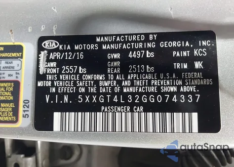 2016 Kia Optima Lx из США, поврежденный, VIN 5XXGT4L32GG074337